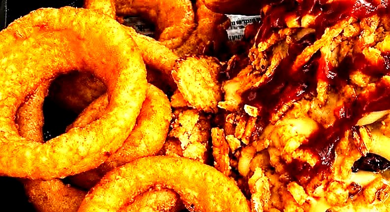 BBQ burger with onion rings